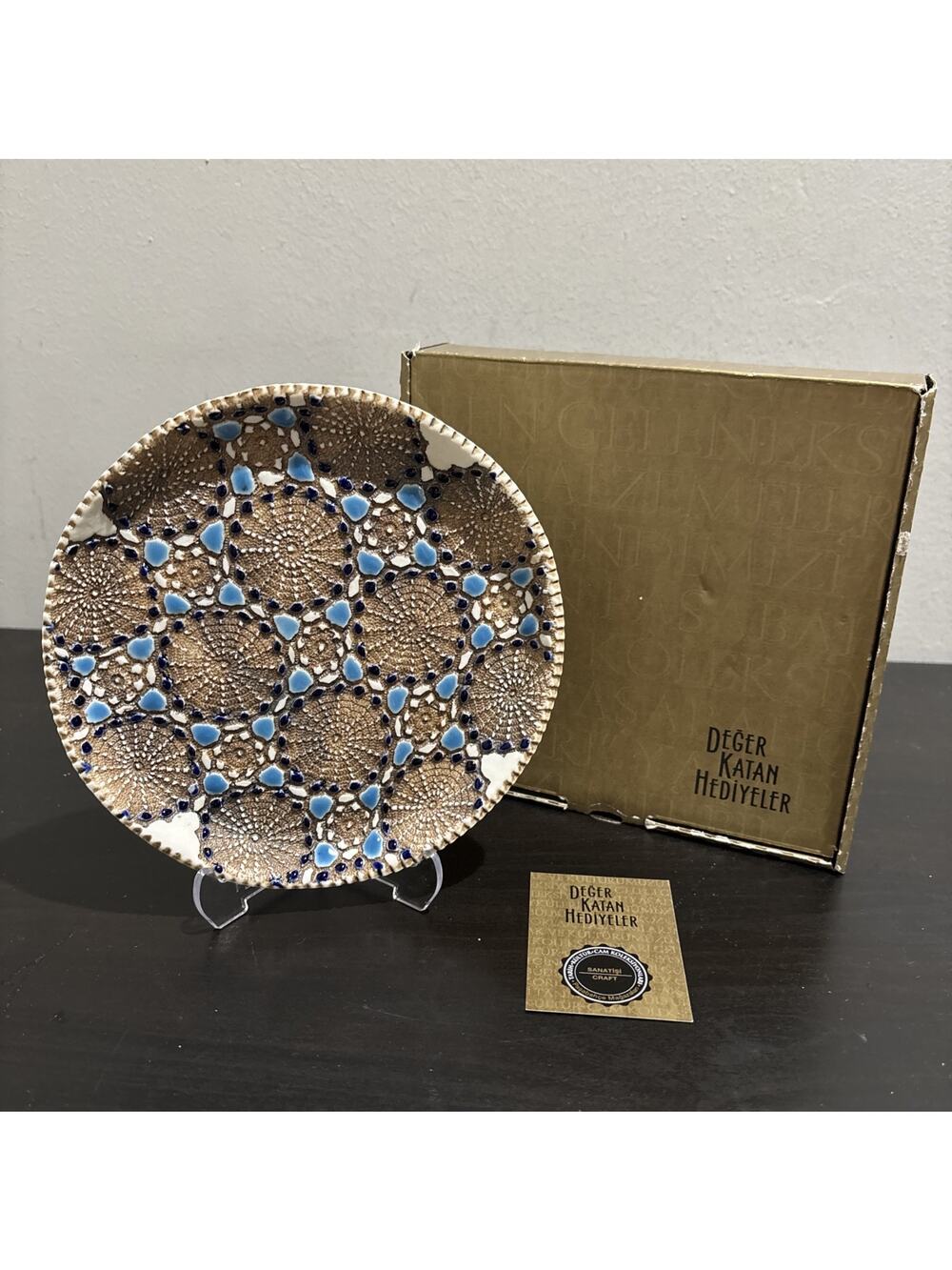 Değer Katan Hediyeler Tentene Zen Ceramics Plate Turkish Art Gold Blue NIB